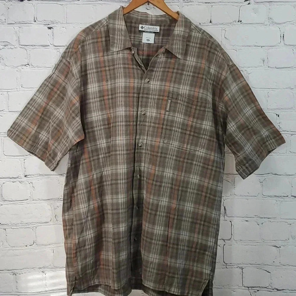 Columbia Mens Short Sleeve XL Striped Shirt Button Up Green and Orange RN 69724 - Picture 2 of 10